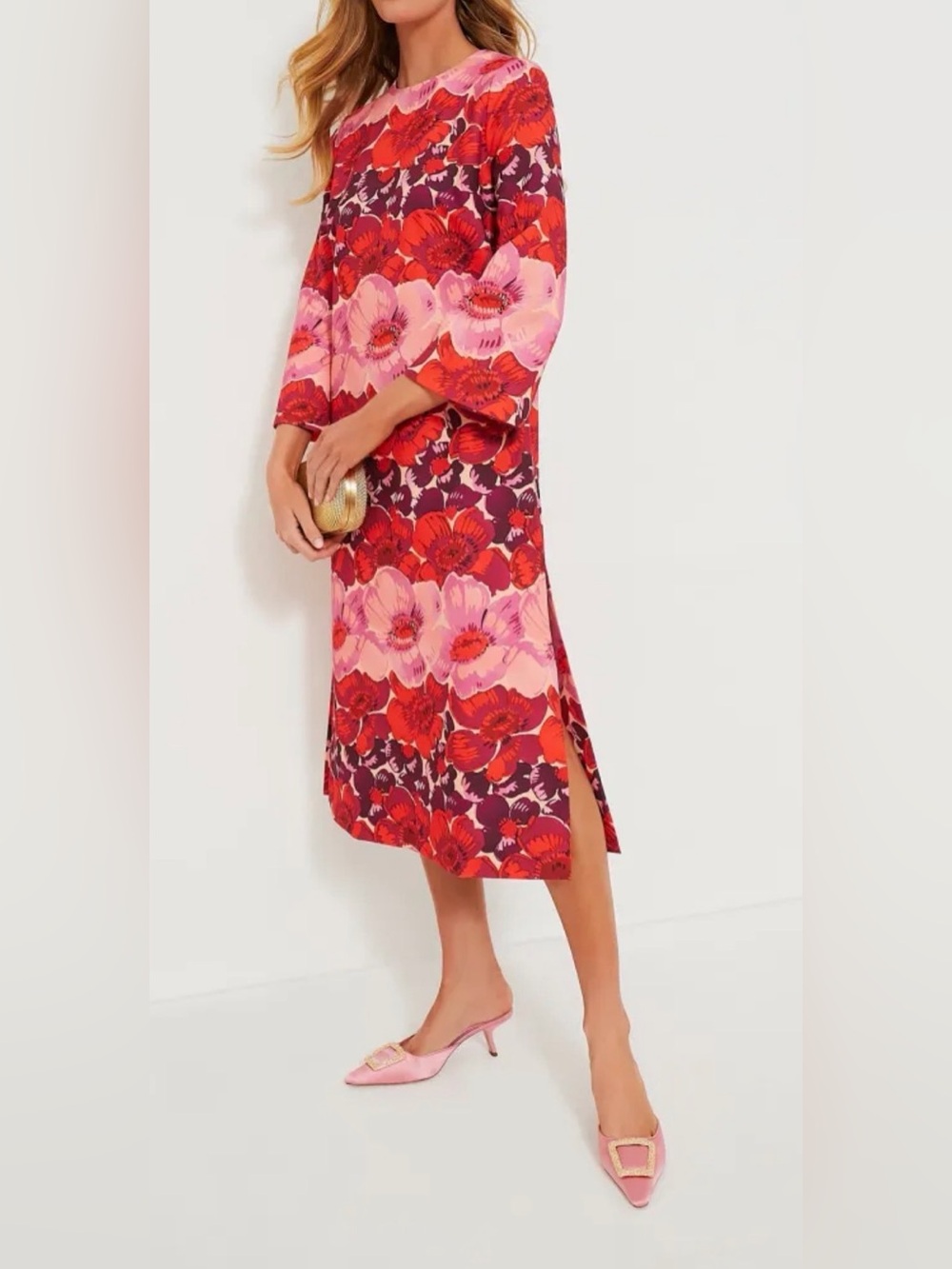 Tuckernuck Midi Dress Pink Poppy Stripe Hutton Floral Long Bell Sleeve size XL